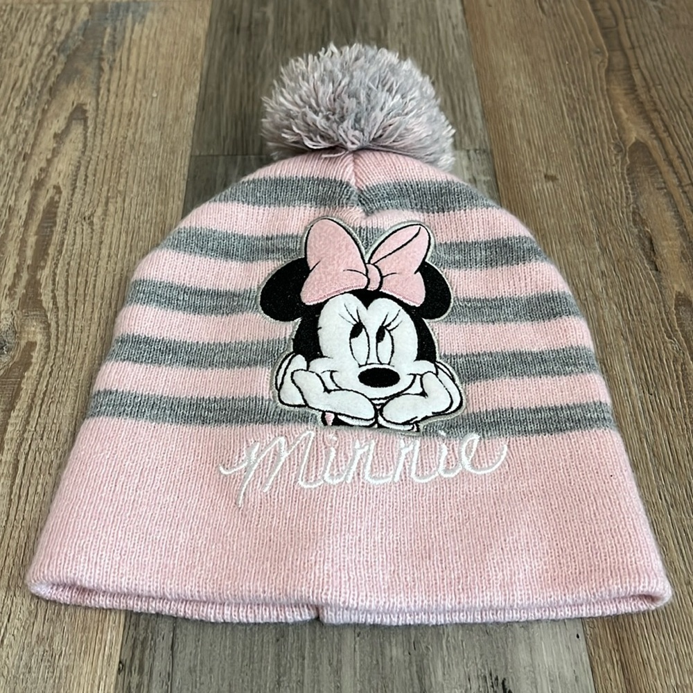 Disney Minnie Mouse Striped Pom Pom Beanie Hat Grey and Pink Hat size 2T-5T